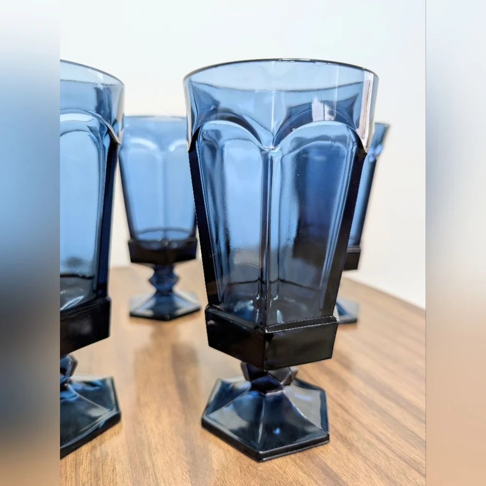 Set Of 4 Vintage 80s Dark Blue Virginia Pattern By Fostoria Ice Tea Glasses